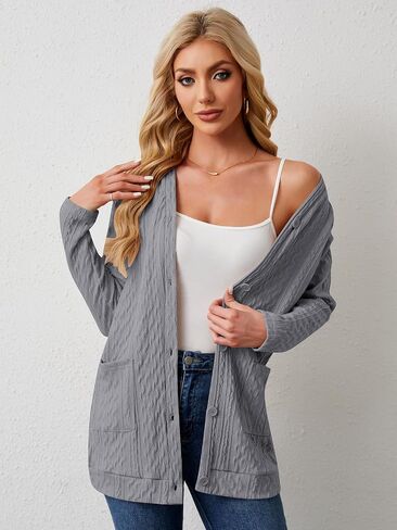Women's Open Front Cardigan Sweaters Lightweight Casual Long Sleeve Knit Cardigan Button Down Outwear with Pockets in Saudi Arabia