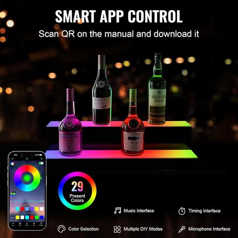 شاشة عرض زجاجة مشروبات مضاءة بتقنية LED من VEVOR، رف شريط منزلي مضيء تجاري بطبقتين مقاس 24 بوصة، حامل رف الويسكي بخطوتين، أرفف مشروبات أكريليك مع جهاز تحكم عن بعد RF والتطبيق، وإضاءة متعددة الألوان in Saudi Arabia