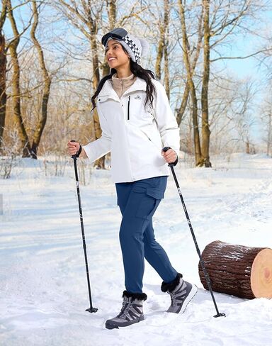 SANTINY Women Fleece Lined Cargo Joggers High Waisted Winter Warm Waterproof Hiking Pants with Zipper Pockets in Kuwait
