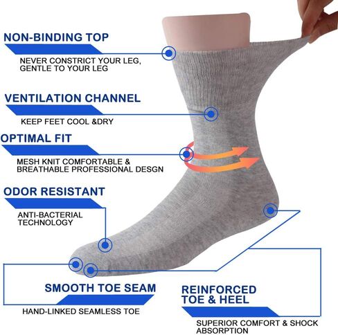 Facool Diabetic Neuropathy Socks, Unisex Dress Crew Cotton Edema Non-Binding Diabete Men Women Losse Top Seamless Toe Cushioned Soft Comfortable Socks, 6 Pairs Grey XL in Kuwait