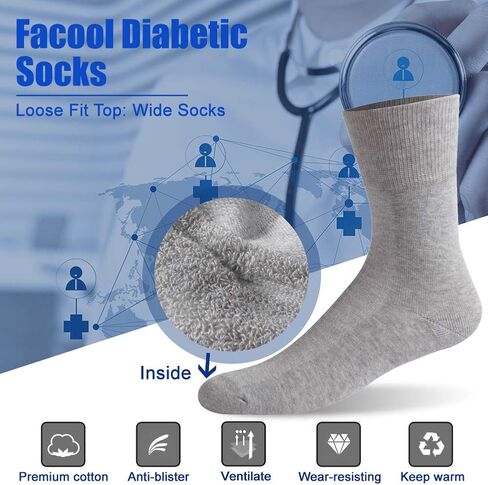 Facool Diabetic Neuropathy Socks, Unisex Dress Crew Cotton Edema Non-Binding Diabete Men Women Losse Top Seamless Toe Cushioned Soft Comfortable Socks, 6 Pairs Grey XL in Kuwait