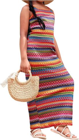 Girl's Summer Dress Boho Striped Sleeveless Tank Dress Square Neck Split Thigh Long Maxi Dress in Saudi Arabia