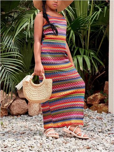 Girl's Summer Dress Boho Striped Sleeveless Tank Dress Square Neck Split Thigh Long Maxi Dress in Saudi Arabia