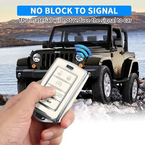 QBUC لسيارة Jeep ذات 6 أزرار، حافظة مفاتيح ناعمة من مادة TPU للحماية الكاملة مع سلسلة مفاتيح لسيارة Jeep 2022-2024 Cherokee Grand Cherokee Wagoneer Grand Wagoneer Compass Renegade ملحقات مفاتيح السيارة باللون الأبيض والذهبي in Saudi Arabia