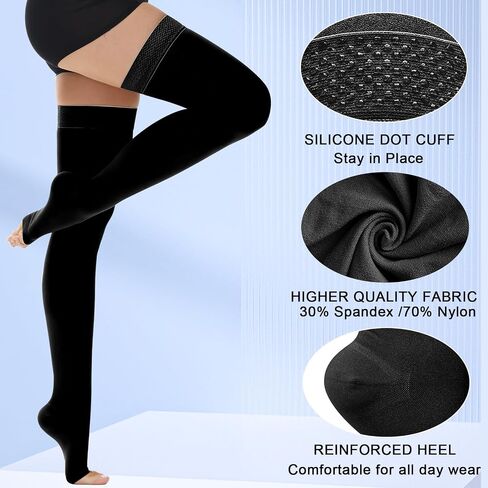 Ailaka Thigh High Medical Compression Stockings for Women Men, Open Toe Firm 20-30 mmHg Graduated Compression with Silicone Band for Varicose Veins, Edema, Post-Surgery in Kuwait