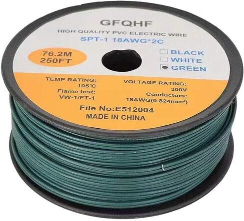 250FT SPT-1 Green Electrical Wire,UL Listed 18/2 Zip Cord Wire 18 Gauge Wire,Work with SPT-1 Vampire Plug in Saudi Arabia