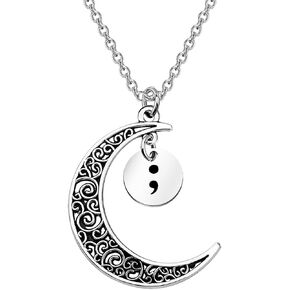 BEKECH Mental Health Gift Semicolon Crescent Moon Pendant Necklace Semicolon Jewelry Depression Suicide Awareness Jewelry