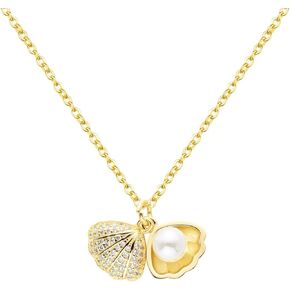 Seashell Pearl Pendant Necklace for Women Teen Girls Gold Silver Plated Bohemian Clamshell Scallop Sea Shell Ocean Animal Chic Rhinestone Cubic Zirconia Chain Necklace for Summer Beach Holiday Jewelry Gifts