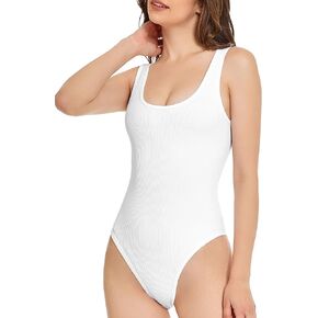 ANNVA U.S.A. Seamless Bodysuit for Women Sexy Ribbed Square Neck Sleeveless Tank Tops Bodysuits