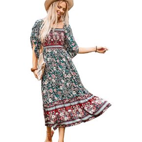 Women's Long Maxi Dress Sexy Off Shoulder Floral Dress Ruffle Short Sleeve Smocked Flowy A Line Boho Dress