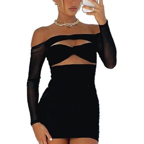 Just Quella Women's Off- The Shoulder Long Sheer Sleeves Mesh Dress
