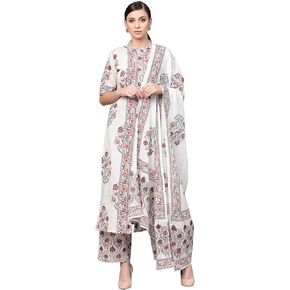 Idalia Women's White Floral Booti Cotton Kurta With Dupatta & Printed Palazzo Pants