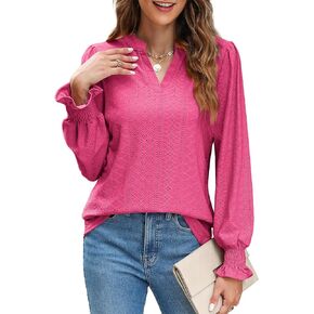 Amoretu Womens Long Sleeve Blouses Casual V Neck Tunic Tops Fashion Lace Shirts