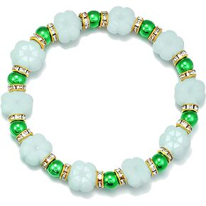 ALoveSoul White Flower Small Green Beads Stretch Beaded Bracelets St Patricks Day Jewelry for Women Girls