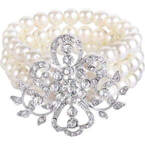 EleQueen Silver-Tone Simulated Pearl Crystal Victorian Style Flower Ivory Color Bridal Strand Stretch Bracelets for Women Girls