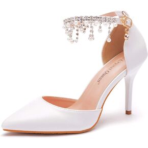 Crystal Queen 3.75 Inches White Pearls Bridal Wedding Sandals Stiletto Heel Sandals Pointed Toe Pumps Ankle Strap Dress Shoes Wedding Party Evening Sandals