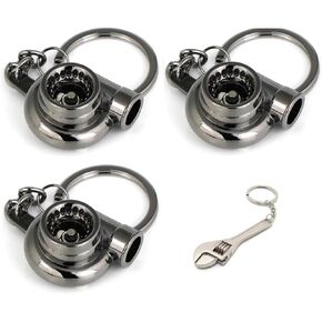 Global Truss Enterprises 3-Pack Black Chrome Gunmetal Spinning Turbo Metal Keychain + Free Wrench Keychain