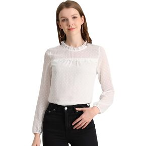 Allegra K Women's Ruffle Mock Neck Babydoll Swiss Dots Pom Pom Chiffon Blouse