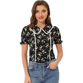 Allegra K Women's Floral Peter Pan Collar Lace Trim Ruffle Sleeve Blouse