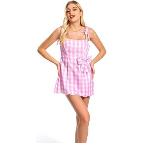 Wocloey Doll Costume 2023 Movie Doll Cosplay Retro Pink and White Plaid Slip Dress Sleepwear Outfits for Adults Halloween