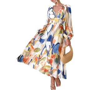 Women's Bohemian Dress Long Sleeve V Neck Floral Ruffle Midi Dress Casual Vacation Beach Long Flowy Dresses