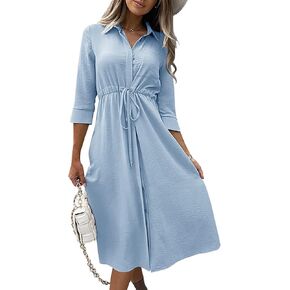 Febriajuce Women's 3/4 Sleeve Maxi Dress Casual Drawstring Belted Round Neck Plain Tie Waist Loose High Waist Long Dress