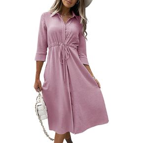 Febriajuce Women's 3/4 Sleeve Maxi Dress Casual Drawstring Belted Round Neck Plain Tie Waist Loose High Waist Long Dress