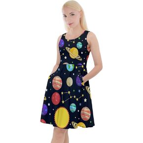 CowCow Womens Sun Dress Starry Night Moon Stars Space Constellation Planets Mrs Frizzle Knee Length Pocket Skater Dress