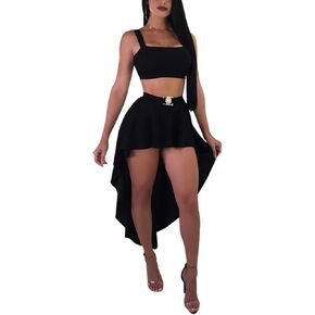 ECHOINE نساء 2 قطعة ملابس فستان قصير حبال علوي كشكش غير منتظم تنورة سهرة مجموعة فساتين حفلات النادي in Kuwait