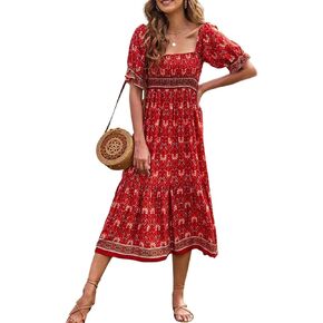 Naggoo Women's Square Neck Bohemian Long Dress Summer Floral Print Ruffle Short Sleeve Beach Party Maxi Dress in Kuwait