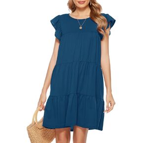 Berydress المرأة عادية بوهو شاطئ الصيف فساتين صغيرة طاقم الرقبة أكمام كشكش بيبي دول فستان فضفاض فلوي تونك in Kuwait