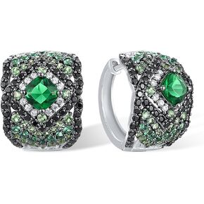 Santuzza 925 Sterling Silver Rhombus Pattern Hoop Earrings Green Glass White Cubic Zirconia Huggie Earring for Women