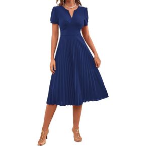 WDIRARA Women's 2023 Puff Short Sleeve Zip Back Pleated Hem Corset High Waist A Line Midi Dress