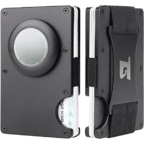 Team Gainz Mens metal wallet wallet with Airtag holder RFID Blocking Minimalist wallet (Black W/Strap)
