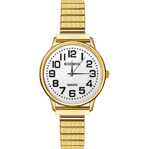 Ibohevo Womens Large Face Watch: Women Gold Stretch Band White Dial Thin Watch Girls Eazy Reader Ladies Wristwatch Waterproof Analog Watch Elderly Wrist Watch Mujer Reloj