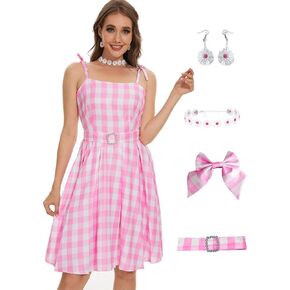 Pink Gingham Dress Plaid Adult Costumes for Women Cosplay Outfit Halloween Party 2023 Movie with Accessories