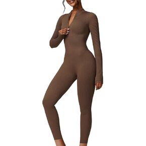 Hotfiary Women Yoga Jumpsuit Long Sleeve Romper Zipper Front Workout Bodysuit Ribbed One Piece Bodycon Outfits Onesie Unitard