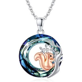 Tree of Life Necklace for Women S925 Sterling Silver Tree of Life Squirrel Pendant Necklace with Crystal Cute Animal Jewelry Gift for Women Girls