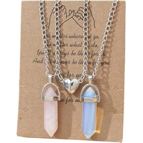2Pcs Colorful Hexagonal Pointed Quartz Crystal Mutual Attraction Magnetic Heart Pendant Adjustable Necklace Friendship Couple Sweet Valentine's Day Gifts for Women