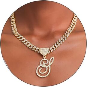 FEEL STYLE Letter Pendant Necklace for Women, 18" Cuban Link Chain for Men Gold Silver Iced Out Chain with Heart Letter Pendants Chain Name Necklace Hip Hop Jewelry Gift