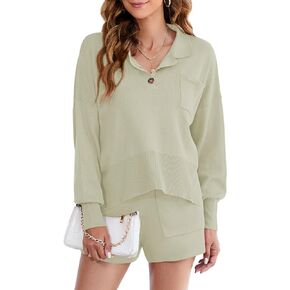 Pink Queen Women's 2023 Fall 2 Piece Outfits Button V Neck Batwing Long Sleeve Top And Shorts Knit Sweater Lounge Sets