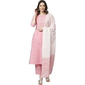 Janasya Indian Women's Light Pink Printed Kurta with Pant and Dupatta