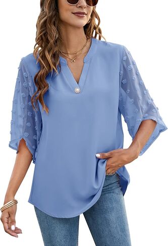 LUYAA للسيدات 3/4 كم بلايز وبلوزات أنيقة كاجوال برقبة على شكل حرف V بلوزة شيفون تونك in Kuwait