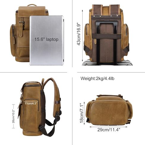 حقيبة ظهر جلدية من Masa Kawa للرجال مقاس 15.6 بوصة، حقيبة كمبيوتر محمول كبيرة الحجم للتنزه سيرًا على الأقدام وحقيبة ظهر للعمل والسفر in Kuwait