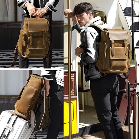 حقيبة ظهر جلدية من Masa Kawa للرجال مقاس 15.6 بوصة، حقيبة كمبيوتر محمول كبيرة الحجم للتنزه سيرًا على الأقدام وحقيبة ظهر للعمل والسفر in Kuwait