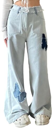 بنطال جينز نسائي واسع الساق بطبعة فراشة، بنطال جينز طويل بخصر عالٍ للفتيات، بنطال جينز فضفاض لطيف وصديقها in Kuwait