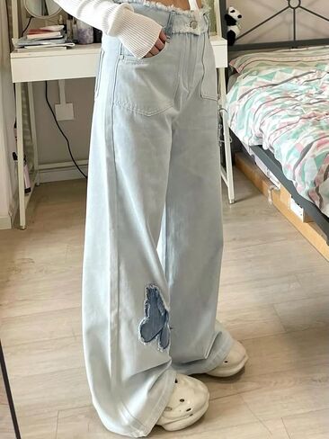 بنطال جينز نسائي واسع الساق بطبعة فراشة، بنطال جينز طويل بخصر عالٍ للفتيات، بنطال جينز فضفاض لطيف وصديقها in Kuwait