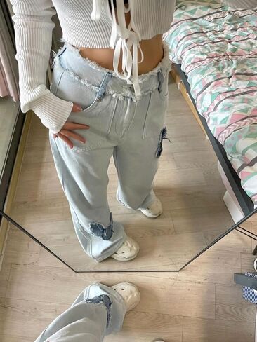 بنطال جينز نسائي واسع الساق بطبعة فراشة، بنطال جينز طويل بخصر عالٍ للفتيات، بنطال جينز فضفاض لطيف وصديقها in Kuwait