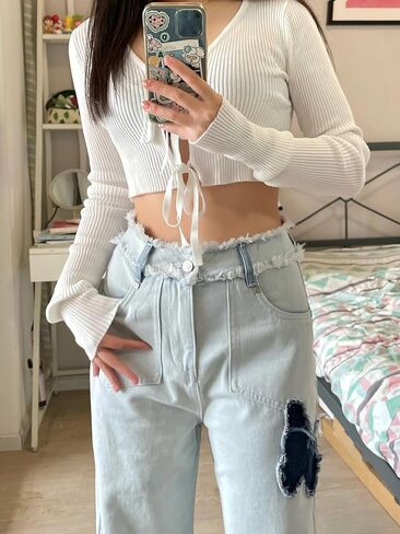 بنطال جينز نسائي واسع الساق بطبعة فراشة، بنطال جينز طويل بخصر عالٍ للفتيات، بنطال جينز فضفاض لطيف وصديقها in Kuwait