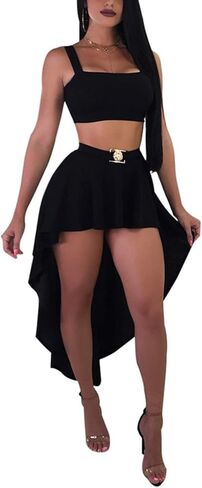 ECHOINE نساء 2 قطعة ملابس فستان قصير حبال علوي كشكش غير منتظم تنورة سهرة مجموعة فساتين حفلات النادي in Kuwait